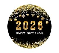 7.2x7.2ft 2026 Happy New Year Round Backdrop Cover Glitter Golden Spots Snowflake Photography Background Bokeh Black Gold New Year Party Decor Banner Family Christmas Winter Holiday Photo Booth Props