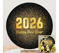 7.2x7.2ft 2026 Happy New Year Round Backdrop Cover Gold Glitter Spots New Year Eve Photography Background Black Gold Christmas Party Decoration Banner Family Christmas Winter Holiday Photo Booth Props