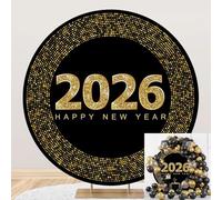 7.2x7.2ft 2026 Happy New Year Round Backdrop Cover Golden Glitter Spot New Year Eve Photography Background Black Gold Christmas Party Decor Banner Family Christmas Winter Holiday Photo Booth Props