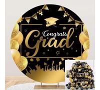 7.2x7.2ft Congrats Grad Round Backdrop Cover Black Gold Bachelor Cap Ballons Photography Background for Graduates Class of 2026 Graduation Party Decorations for High School College Photo Props