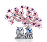 7.4'' Turkish Blue Evil Eye Tree Feng Shui Owl Decorative Showpiece for Protection, Good Luck & Prosperity (Pink Flowers)