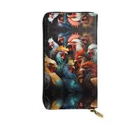 (7.5 * 4.1 inches) Long Clutch Bag, colorful roosters standing together Zipper Leather Wallet with Multiple Compartments Large Capacity, a Good Gift for Friends