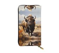 (7.5 * 4.1 inches) Long Clutch Bag, North American bison herd Zipper Leather Wallet with Multiple Compartments Large Capacity, a Good Gift for Friends