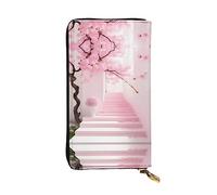 (7.5 * 4.1 inches) Long Clutch Bag, Pink cherry blossom staircase Zipper Leather Wallet with Multiple Compartments Large Capacity, a Good Gift for Friends
