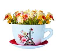 7.5" Ceramic Teacup Planter Pot with Saucer | Ideal for Succulents, Orchids, Herbs & Flowers | Indoor & Outdoor Use | Thoughtful Gift for Wedding & Home Decor & More - RED - Paris Eiffel Tower