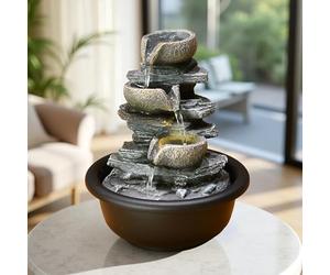 7.5 Inch Indoor Zen Meditation Fountain - 4-Tier Tabletop Waterfall with LED Lights, Perfect for Home, Office, and Bedroom Decor, Includes 10 Free Crystal Stones(A Style)
