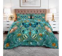 7.5 Tog Floral Butterfly Meadow Cottage Garden Coverless Duvet King Size, Soft Warm Quilted Comfortable Coverless Duvet Spring Summer Camping Blanket Quilt Lightweight Duvets with Pillowcases, Teal