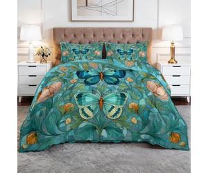 7.5 Tog Floral Butterfly Meadow Cottage Garden Coverless Duvet King Size, Soft Warm Quilted Comfortable Coverless Duvet Spring Summer Camping Blanket Quilt Lightweight Duvets with Pillowcases, Teal