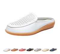 7.5 Women's Flat Mules Backless Slip on Slides Ladies Mule Clogs Comfort Flower Loafer Leather Flats Shoes Flats Round Toe Mules #3_White
