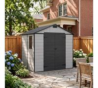 7.53 x 6.07FT Apex Roof Plastic Garden Storage Shed, Grey+Black, Lockable Double Doors & Window, Weather-Resistant PP & Aluminium Frame Tool Shed