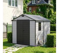7.53 x 8.01FT Apex Roof Plastic Garden Storage Shed, Grey+Black, Lockable Double Doors & Window, Weather-Resistant PP & Aluminium Frame Tool Shed