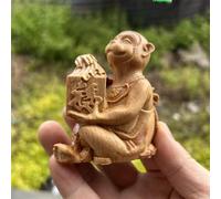7.5cm Wood-Carved Auspicious Monkey Figurine, Hand-Carved Little Monkey feng Shui Wealth Attraction Office Desktop Handicraft, Made of Cliff Cypress Wood, Lucky Wooden Statue