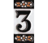 7.5cm x 3.5cm Spanish Orange & Black Floral Ceramic House Number Tiles Symbols & Metal Filigree Frames (Number 3)
