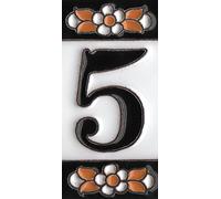 7.5cm x 3.5cm Spanish Orange & Black Floral Ceramic House Number Tiles Symbols & Metal Filigree Frames (Number 5)