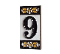 7.5cm x 3.5cm Spanish Orange & Black Floral Ceramic House Number Tiles Symbols & Metal Filigree Frames (Number 9)