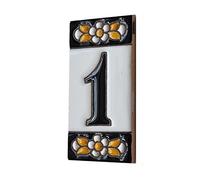 7.5cm x 3.5cm Spanish Orange & Black Floral Ceramic House Number Tiles Symbols & Metal Filigree Frames (Number 1)