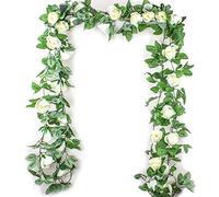 7.5FT Artificial Flower Rose Garland Vine with Green Leaves Fake Hanging Plant Flower Garland For Wedding Party Garden Wall Valentine Decoration (White, 2 pack)