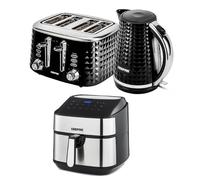 GEEPAS 7.5L Air Fryer, 4 Slice Toaster & 1.7L Kettle Kitchen Appliances Set 2200W Jug Kettle, Wide Slot Toaster Variable Browning Control Textured Design, 10-1 Vortex Air Fryer with LED Display, Black