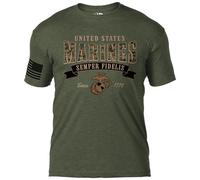 7.62 DESIGN U.S. Marine Corps MARPAT Arched Semper Fi Men's Black T-Shirt, Heather Military Green, Large