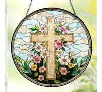7.8" Christian Cross and Wildflower Stained Glass Suncatcher, Thank You Card, Spiritual Floral Sun Catcher Indoor Window Hanging Garden Religious Faith Gift for Women Nana Mom Decor ART-09E-SG8