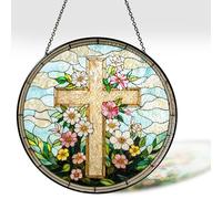 7.8" Christian Cross and Wildflower Stained Glass Suncatcher, Thank You Card, Spiritual Floral Sun Catcher Indoor Window Hanging Garden Religious Faith Gift for Women Nana Mom Decor ART-09E-SG8