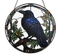7.8" Crow Stained Glass Suncatchers Art Glass Ravens for Sun Catcher Indoor Gothic Gifts for Pet Animal Nature Floral Lovers Women Grandma Mom Friend Painted Panel Décor BIRD-04B-SG8