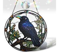 7.8" Crow Stained Glass Suncatchers Art Glass Ravens for Sun Catcher Indoor Gothic Gifts for Pet Animal Nature Floral Lovers Women Grandma Mom Friend Painted Panel Décor BIRD-04B-SG8