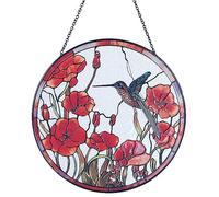 7.8'' Hummingbird Suncatcher Stained Glass Suncatchers - Originally Designed Hummingbird Red Poppies Ornament for Sun Catcher Indoor Window | Gifts for Hummingbird Lovers Painted Glass Panel Decor