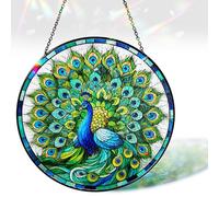7.8" Peacock Stained Glass Suncatchers Wall Art Decor Exotic Birds Sun Catcher Window Garden for Animal Peacock Lovers Women Grandma Mom Nature Themed Painted Glass Panel ANI-07A-SG8