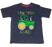 7-8 Years Navy T-Shirt Tractor Crazy (Design 5) with Green, Silver & Yellow Print