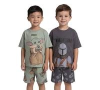 Star Wars The Mandalorian Boys Charcoal Grey Sage Green Pyjama Set | Multi-Pack of 2 Short Sleeve Shorts | Grogu Graphic Nightwear Merch - 7-8 Years