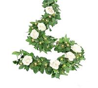 7.8FT Artificial Rose Garland with Lights - Artificial Rose Vines with 30 LED Fairy String Lights, Silk Hanging Rose Garlands for Valentine's Day Anniversary Wedding Table Birthday Party Decor(White)