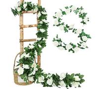7.8FT Artificial Rose Garland with Lights, Artificial Rose Vines with 30 LED Fairy String Lights, Silk Hanging Flower Garlands for Valentine's Day Anniversary Wedding Table Birthday Party Decor(White)