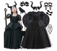 (7-8T (Tag 140), Accessory Set B) Disney Girls Maleficent Dress Children Evil Queen Fairy Halloween Costume Kids Demon Queen Clothes Carnival Black Witch Gown