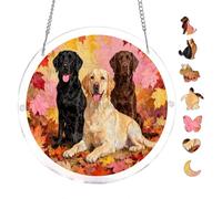 7.8x7.8Inch Round Acrylic Puzzle 83 Piece Autumn Leaves Three Labradors Scenic Nature DIY Suncatcher Jigsaw Puzzle Hanging Ornament Home Decor Brain Teaser Relaxing
