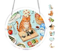 7.8x7.8Inch Round Acrylic Puzzle 83 Piece Chef Cat Making Sushi Kitchen Scene DIY Suncatcher Jigsaw Puzzle Hanging Ornament Home Decor Brain Teaser Relaxing