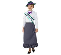 (7-9 Years, Grey/White/Green) Smiffys Girls Victorian Suffragette Costume Set