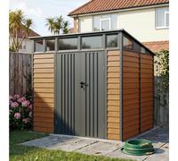7.91 x 7.15FT Yellow Wood Grain Metal Garden Storage Shed w/ Double Lockable Doors & Acrylic Windows