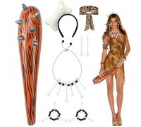 7 Caveman Costume Accessories - Adult & Kids Inflatable Club, Bone Headband, Necklace, Bracelet, Earrings, Leopard Armband - Caveman & Cavewoman Fancy Dress for Halloween & Carnival Party