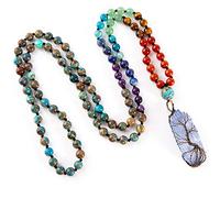 7 Chakra 108 Mala Beads Necklace - Tree of Life Wire Wrap Real Healing Crystal Quartz Yoga Meditation Hand Knotted Prayer Bead Bracelet(Agate)