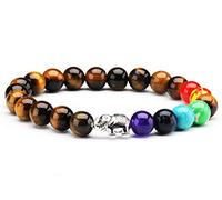 7 Chakra Bracelet, Natural Tiger Eye Stone Healing Gemstone Bracelet 8mm Semi Precious Stones Bracelet with Luck Elephant