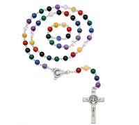 7 Chakra Gemstone Rosary Beads 8mm Catholic Prayer Necklace with Saint Benedict Crucifix and JRose Velvet Pouch Colourful Crystal Rosary for Prayer Meditation and Devotion