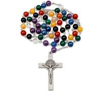 7 Chakra Gemstone Rosary Beads Necklace with Crucifix Cross, Catholic Prayer Rosary Chain with Velvet Pouch & How to Pray Rosary Booklet, Colourful Spiritual Jewellery Gift