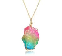 7 Chakra Wire Wrapped Natural Raw Crystal Necklace Colorful Gemstone Chain | Handmade wire wrap rough stone pendant necklace, transparent multi-color crystal for boho styling