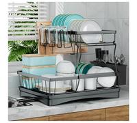 7 code Large Dish Drying Rack for Kitchen Counter,Detachable Large Capacity Dish Drainer Organizer with Utensil Holder,2-Tier Dish Drying Rack with Drain Board,Black