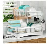 7 code Large Dish Drying Rack for Kitchen Counter,Detachable Large Capacity Dish Drainer Organizer with Utensil Holder,2-Tier Dish Drying Rack with Drain Board,White