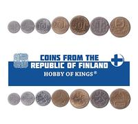 7 Coins from Finland | Finnish Coin Set Collection 1 5 10 20 50 Penniä 1 5 Markkaa | Circulated 1977-1993 | Tree | Icebreaker | Saint Hannes Cross