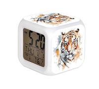 7 Color Change LED Digital Alarm Clock with Date Alarm Thermometer Home Desktop Child Alarm Clock Tiger Drawn with Watercolor