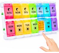 7 Day Pill Organiser 2 Times A Day, Weekly Box Push Button 2 in Rainbow