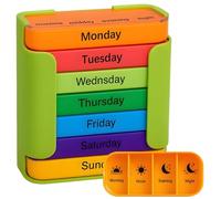 7 Day Pill Organizer 4 Times a Day, Weekly Pill Box with 4 Compartments Daily (Morning, Noon, Evening, Bedtime), Stackable Travel Medicine Organizer, Green Colorful